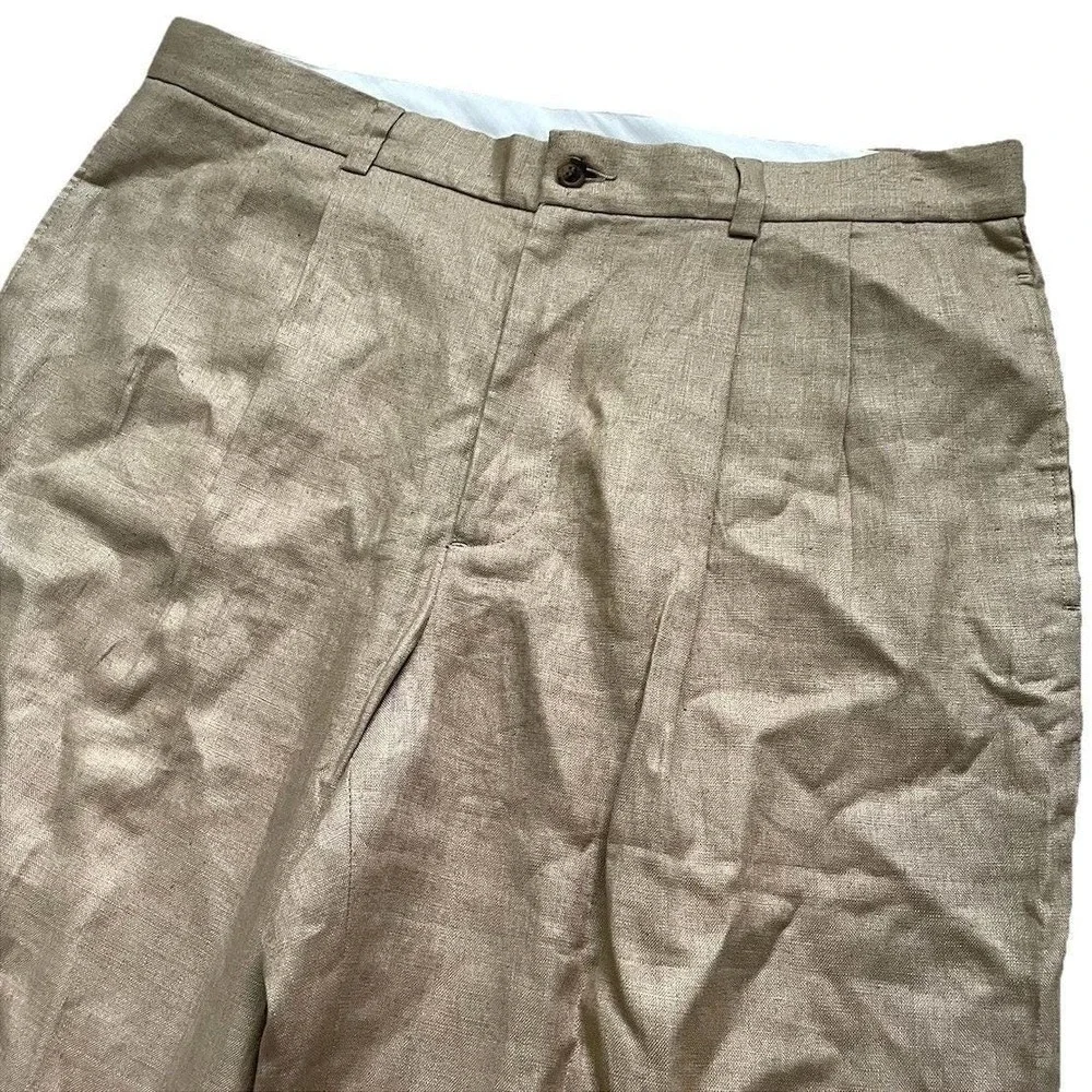 Vtg Brooks Brothers 100% Linen Pleated Pants Men 36x30 Tan Khaki Cuff High Waist